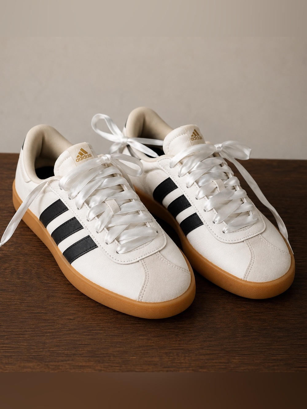 Adidas VL Court 3.0 White Black Gum Satin Lace Sneakers Women’s 7.5